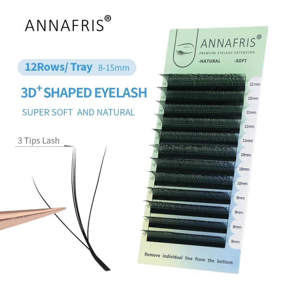Eyelash Extension Human Hair - ANNAFRIS 3D W Dreikern-Wimpernverlängerung, natürlich, weich,